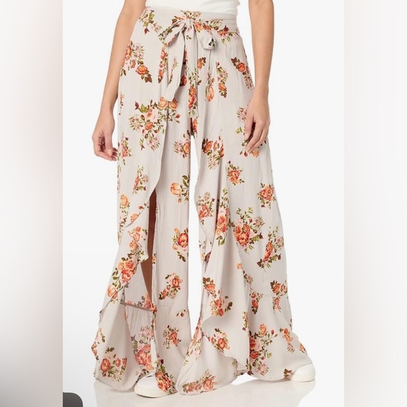 Angie Floral Wrap Flowy Pants with Tie - Picture 1 of 5